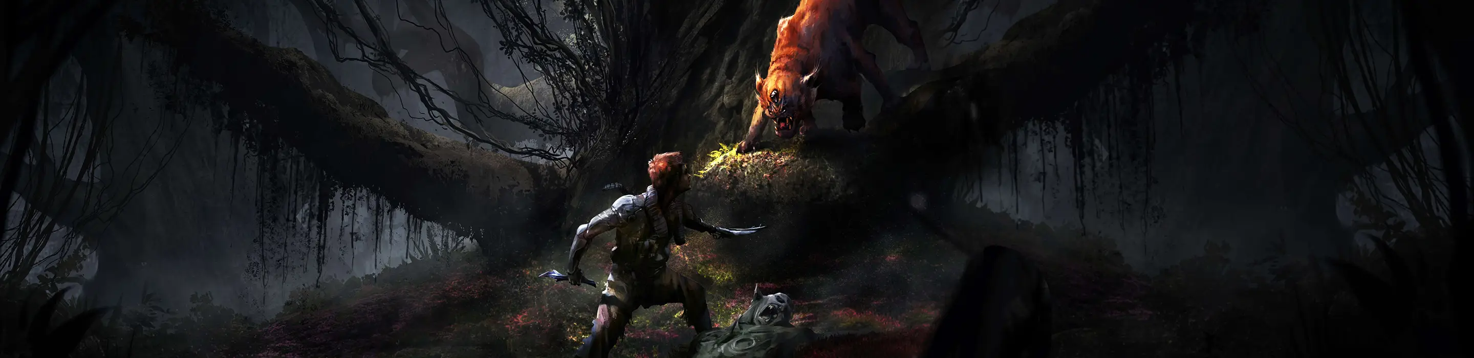 A hero in a forest is facing a wild cat.