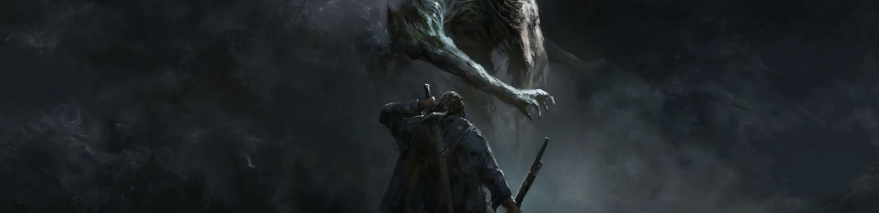 A hero is reach for a sword on his back anticipating a fight