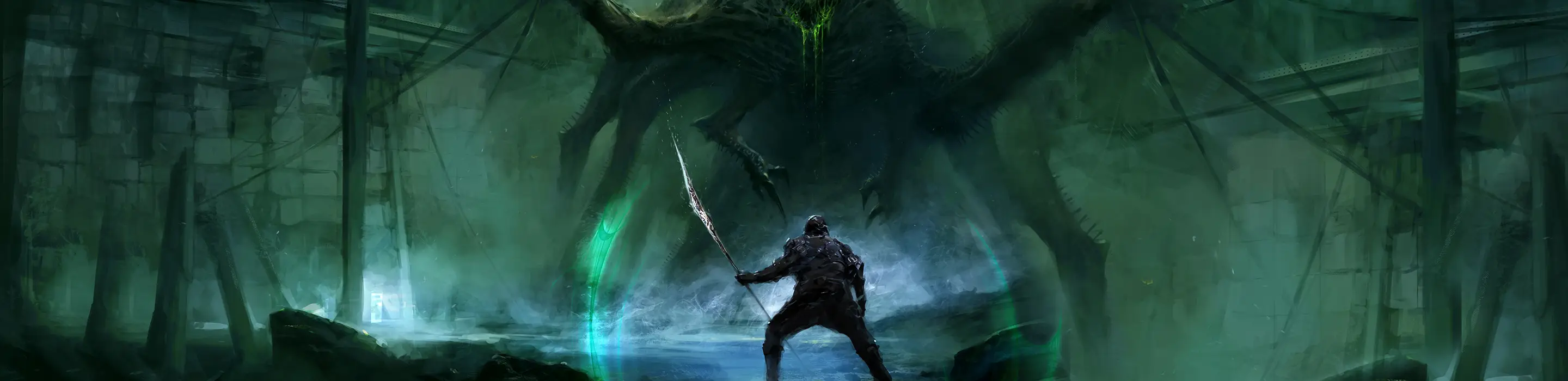 Illustration of a hero holding a sword, facing up to a monster.