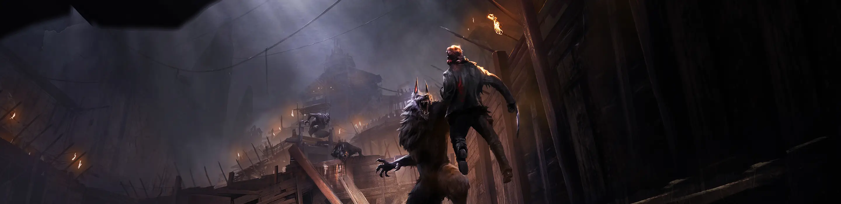 A large wolf is holding a character up in the air.