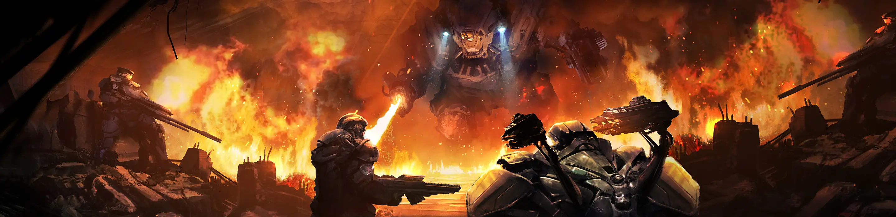 A spaceship in a fiery sky is using a flamer weapon to set fire to the environment.