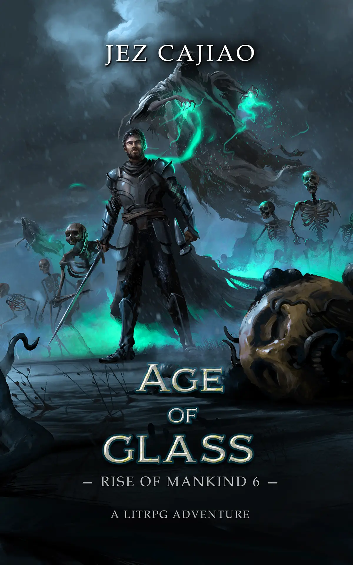 Cover art showing a character in armour leading a group of undead