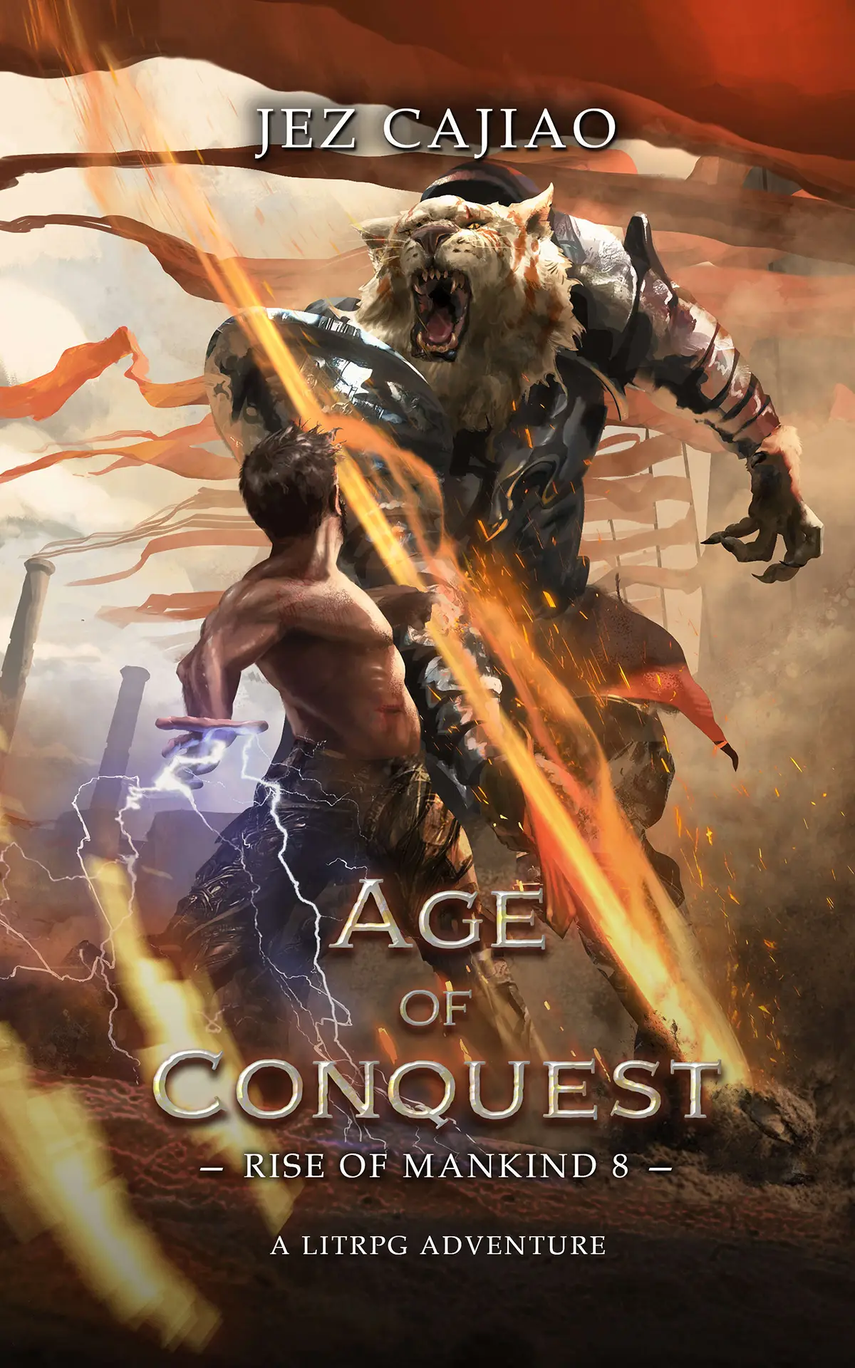 Cover art depicting a man fighting a giant cat in armour