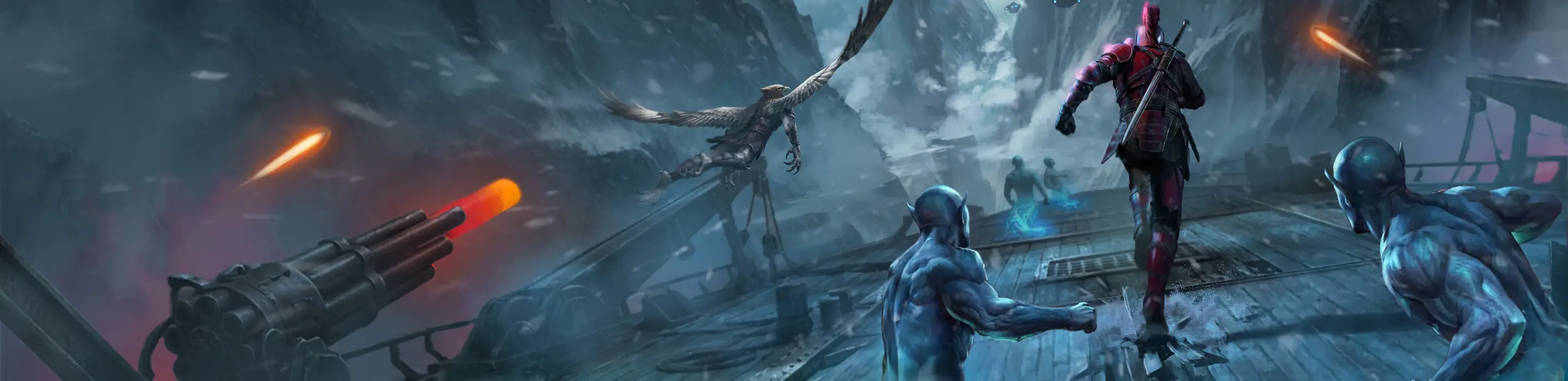 A hero is running from some blue muscular creatures and a large gun.