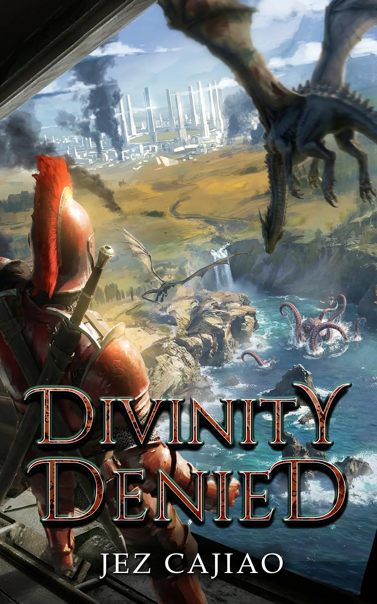 A party looks out from a high ruin down at a dragon fighting a giant squid in a river below