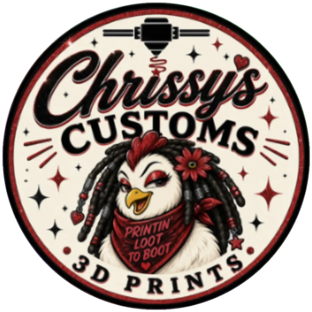Badge presenting a logo for Chrissy's Customs featuring a bird character