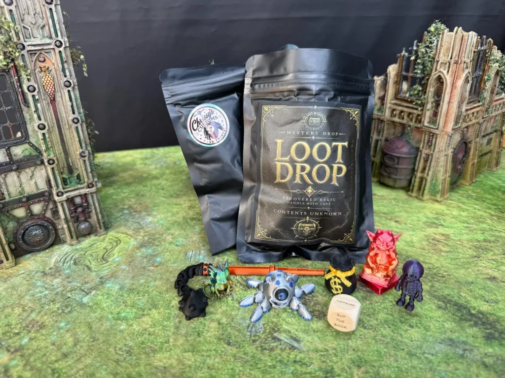 Photo of a mystery loot bag containing a selection of 3d printed creatures