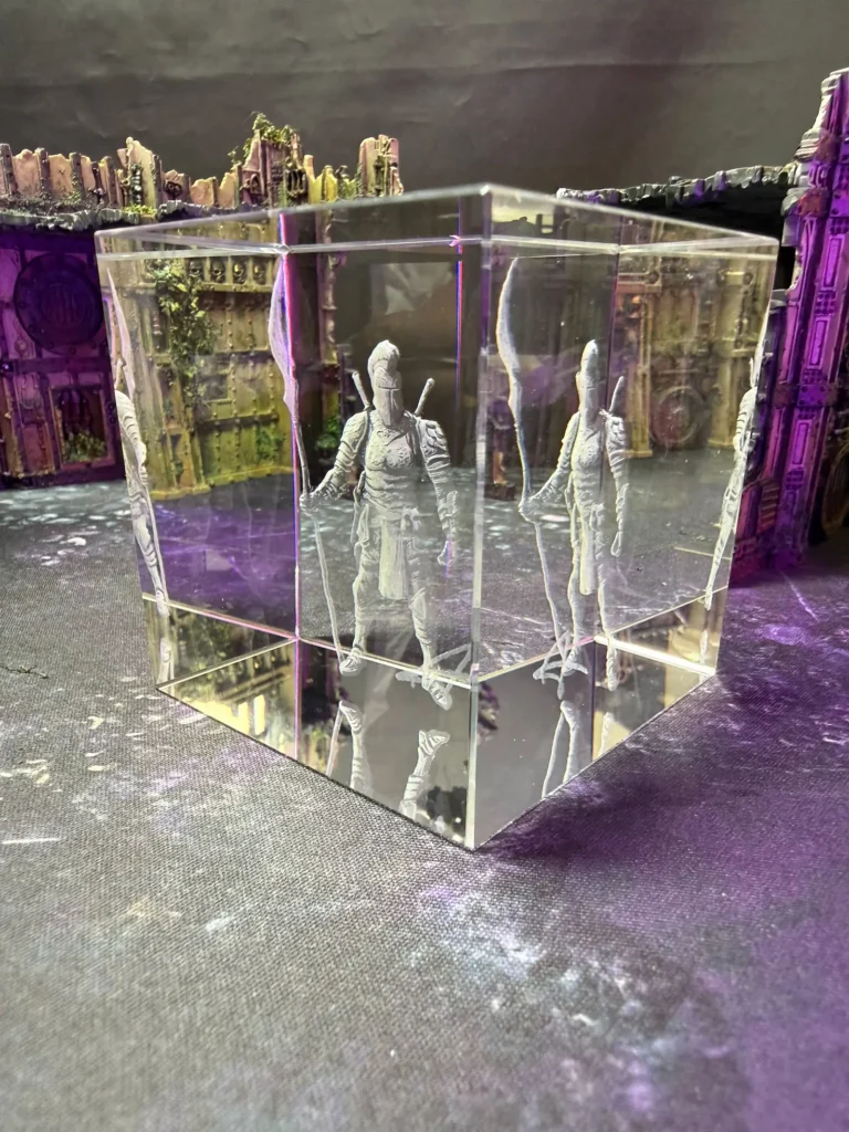 Photo of a display box with a 3d printed knight miniature.