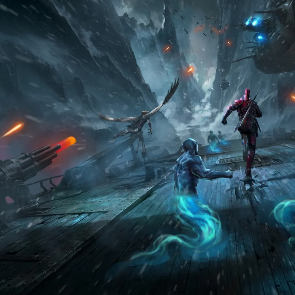 A hero is running from some blue muscular creatures and a large gun.