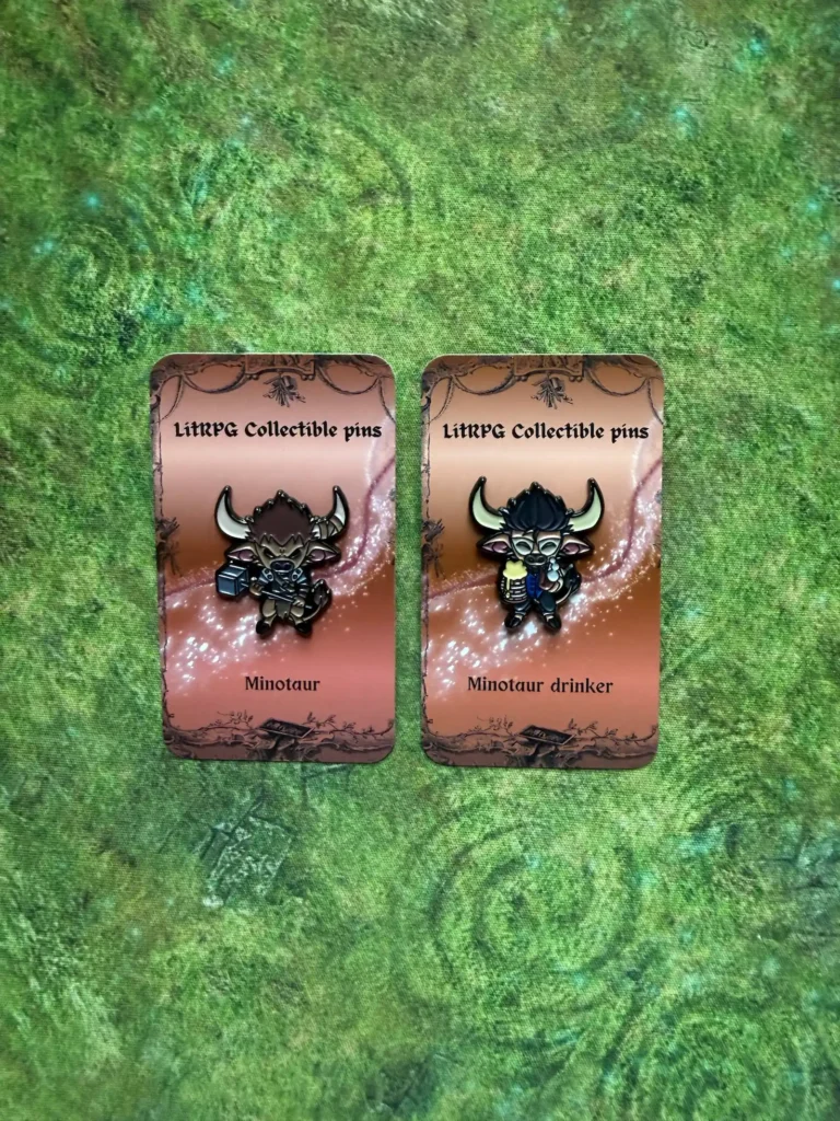 Minotaur and Minotaur Drinker pins on a green mat