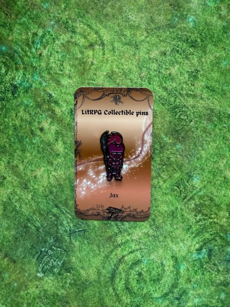 Photo of a collectible pin of the Jax character
